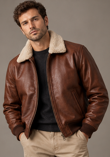 A tobacco full-grain leather flight jacket with a shearling collar