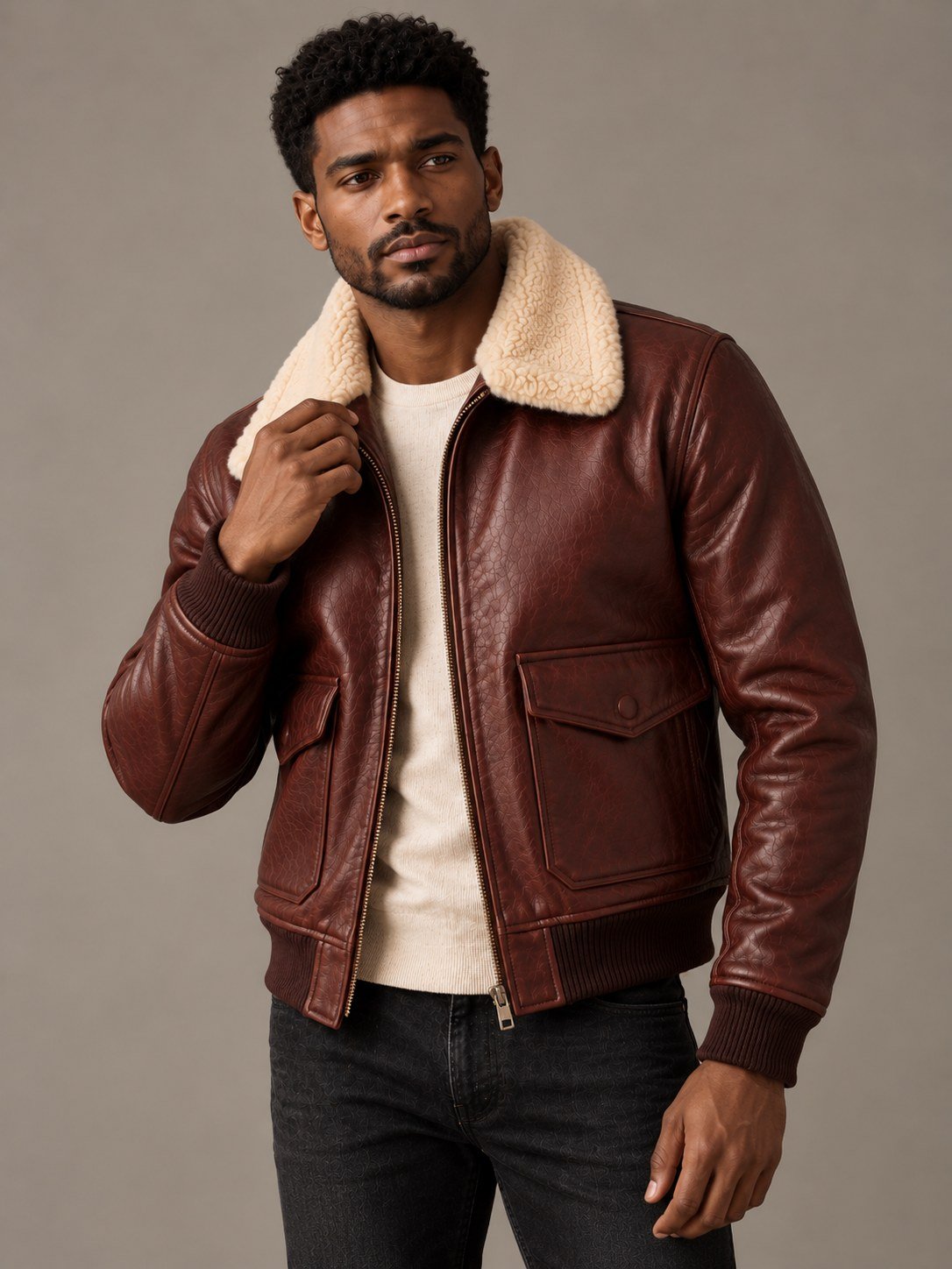 A man wearing a brown full-grain leather flight jacket with a shearling collar