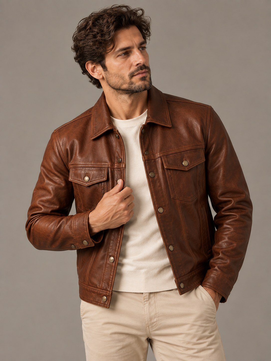 A man wearing a tobacco-brown full-grain leather trucker jacket