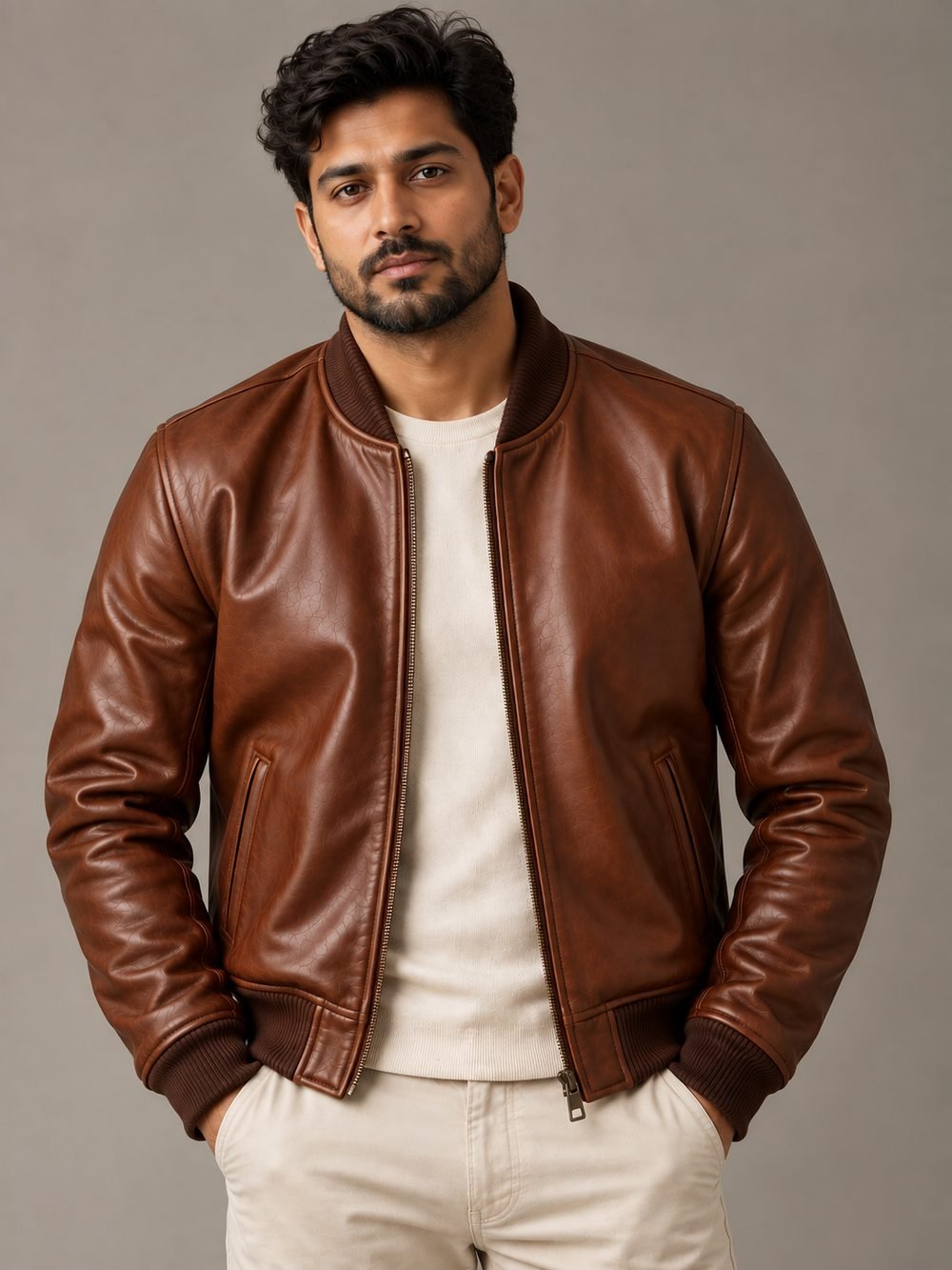 A man wearing a tobacco-brown full-grain leather bomber jacket